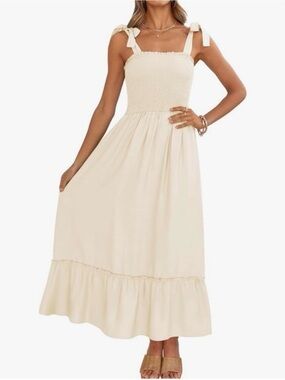 Zesica cream Maxi summer dress tie shoulders long flowing ruffle hem